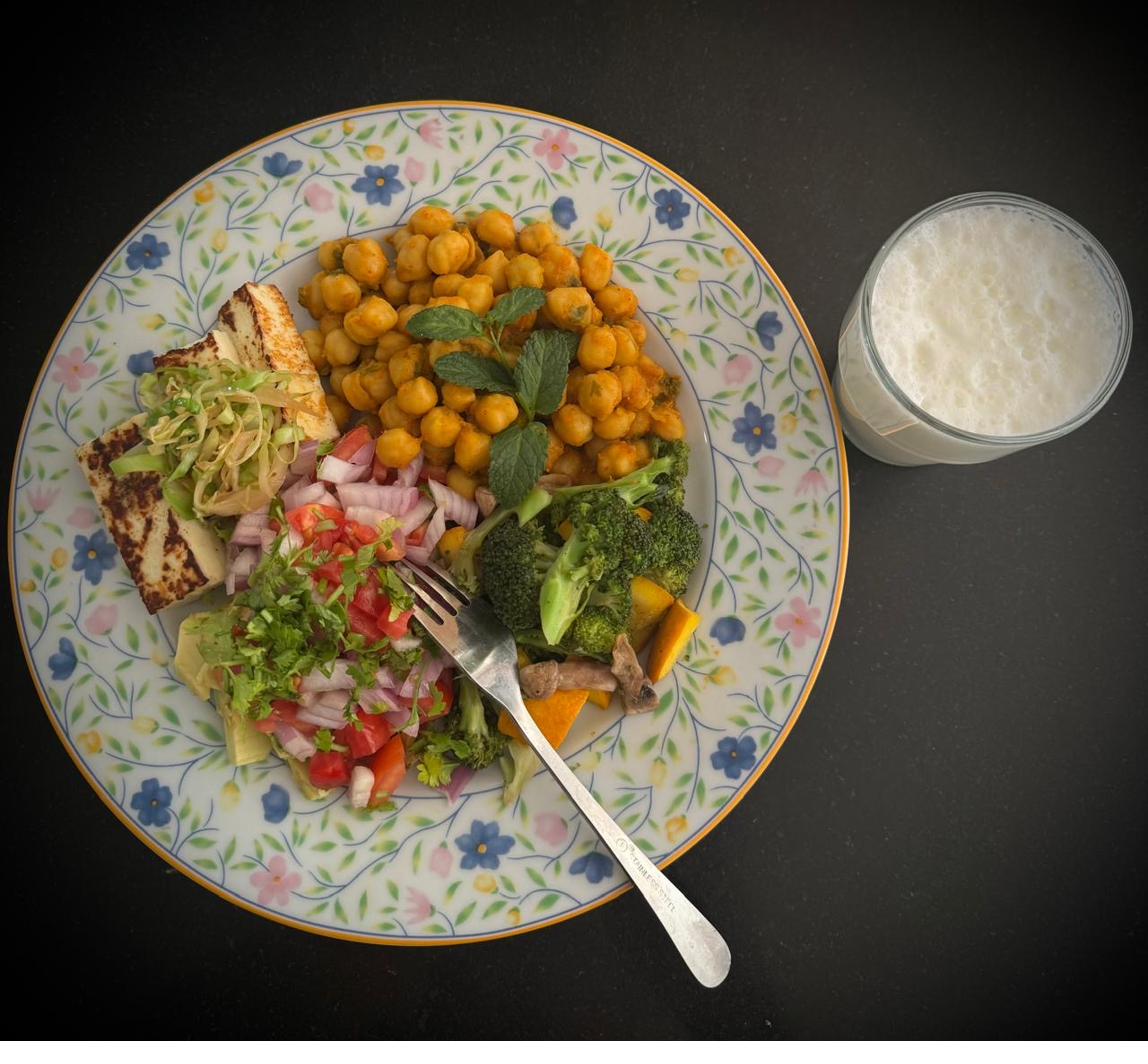 Everyday plate: chana masala, grilled paneer, kachumber with broccoli, buttermilk.