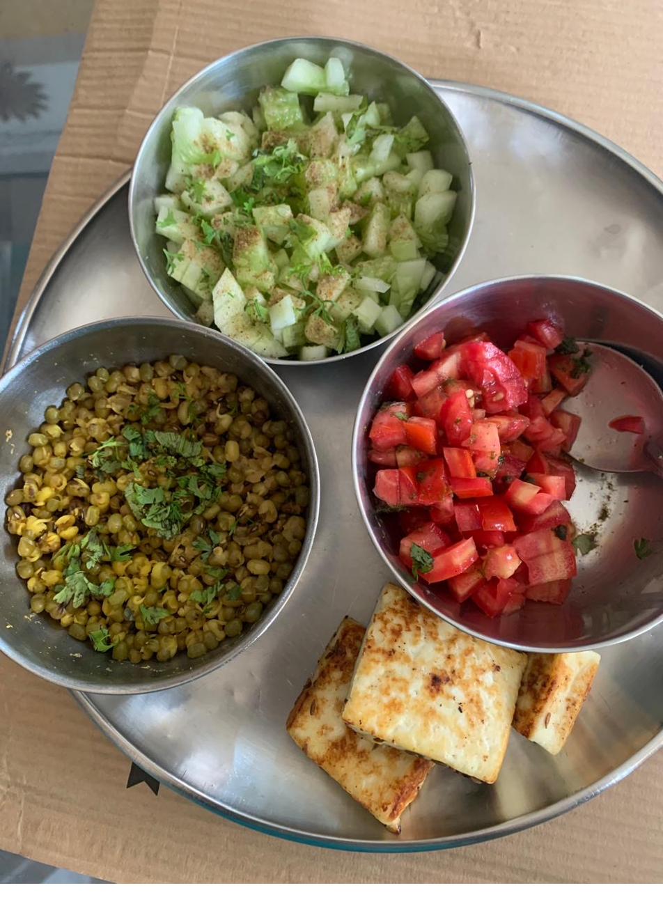 Moong, paneer, cucumber and tomato